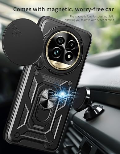 Image of SPAZY CASE Realme 13 Pro 5G / 13 Pro Plus 5G Back Cover | Heavy Duty Hybrid Case with 360 Degree Rotating Finger Ring Holder + Slider Shutter Camera Protection Case - Black