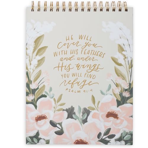 Christian Art Gifts Large Inspirational Spiral-Bound Hardcover Notepad for Women: Under His Wings Encouraging Scripture Writing Journal Stationery, Cream Multicolor Floral, 80 Double-Sided Lined Pages
