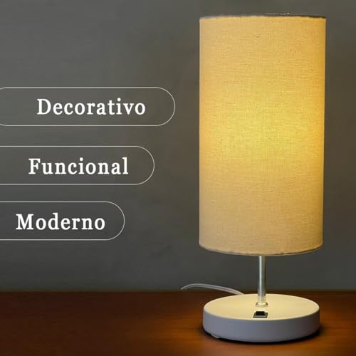 Luminária de Mesa Abajur Base Redonda Alumínio Com Cúpula de Tecido Algodão (Branco Cúpula Bege)