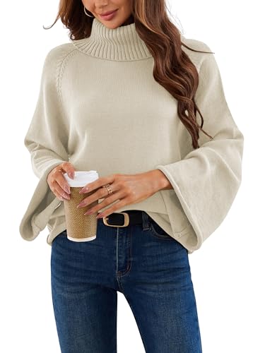 Angashion Womens Oversized Sweaters Turtleneck Pullover - Flared Long Sleeve Knit Sweater Light Fluffy Light Apricot Large