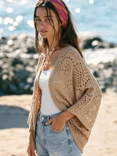 Image of Womens Crochet Cardigan Lightweight Summer 3 /4 Sleeve Cover Up