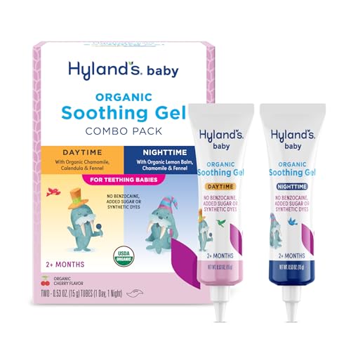 hyland39s baby organic day and night soothing gel combo pack cooling gel for oral discomfort easy-to-apply ages 2 months and up 106 ounce 2 tubes of 053 oz