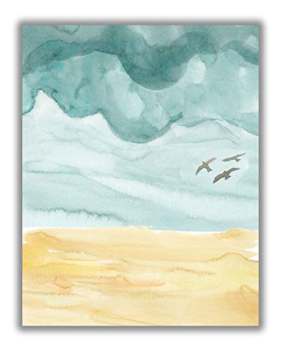 Abstract Teal & Green Ocean Beach Watercolor Wall Art. 11x14 UNFRAMED Print. Contemporary Modern Wall Decor. Shades of Teal, Green, Blue, Tan.