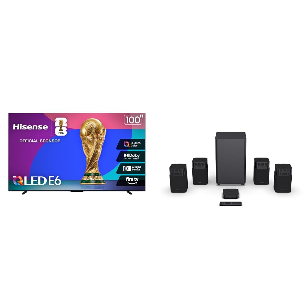 Hisense 100" E6 Cinema Series Hi-QLED 4K UHD Smart Fire TV (100E6QF) with HT Saturn 4.1.2ch Soundbar, Dolby Vision · Atmos, DTS:X, Wireless Subwoofer, Bluetooth 5.3