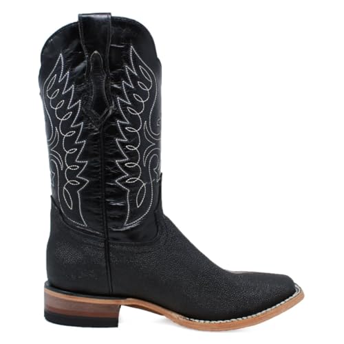 Men’s Genuine Leather Stingray Single Stone Print Square Toe Black Cowboy Western Boots4