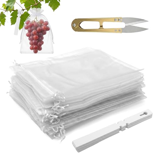 Traubenschutzbeutel 50 Stück Obst Schutzbeutel 23x17 cm Weintrauben Säckchen mit Zugband Garten Netzbeutel Fruchtschutzbeutel Zum Verhindern Wespen Fruchtfliegen Insekt Vögel(Weiß)