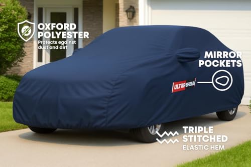Image of ULTRA SHIELD All Weather Water-Resistant Car Cover for Volkswagen Virtus | Durable Light-Weight Triple-Stitched Fabric, UV Protection, Dust-Proof | Mirror Pockets, Full Elastic | Navy Blue