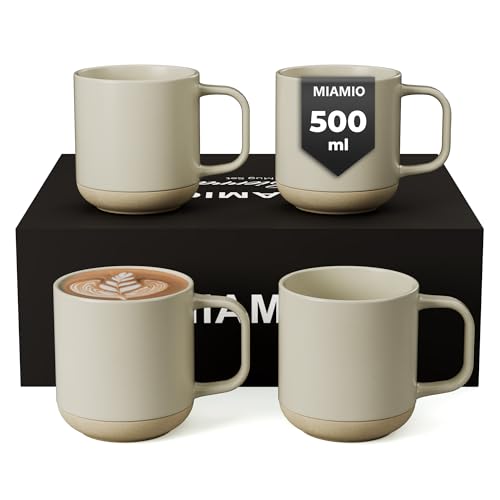 MIAMIO – Juego de 4 Tazas de Café/Tazas de Cerámica para Café (500 ml), Capuchino, Latte Macchiato, Té, Expreso/Lavavajillas y Microondas – Colección Sierra (Claro, Tazas (4x))