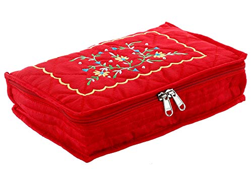 Image of Amazon Brand - Solimo Cotton Jewellery Kit Cum Pouch, Red Satin Jewellery Cum Makeup Kit Pouch, Purple