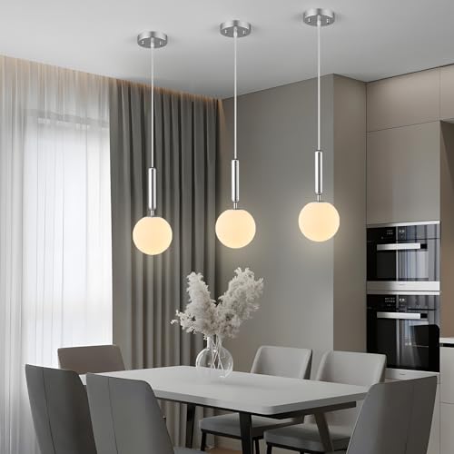 Image of Modern Hanging Light Fixture Pendant Lighting for Kitchen Island Mid Century Chrome Pendant Lights with Globe Milky White Glass Pendant Light for Bedroom Bathroom Entryway (3 Pack)