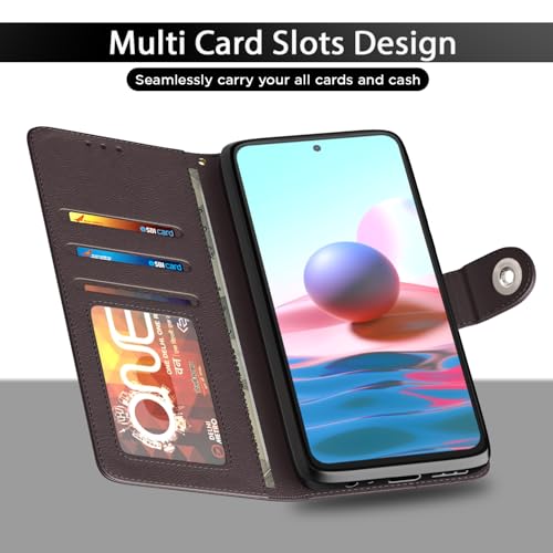 Image of Pikkme Flip Cover Leather Finish | Inside TPU with Card Pockets | Wallet Stand and Shock Proof | Complete Protection Button Flip Case for Redmi Note 10 / Note 10s / Note 11 SE (Coffee)