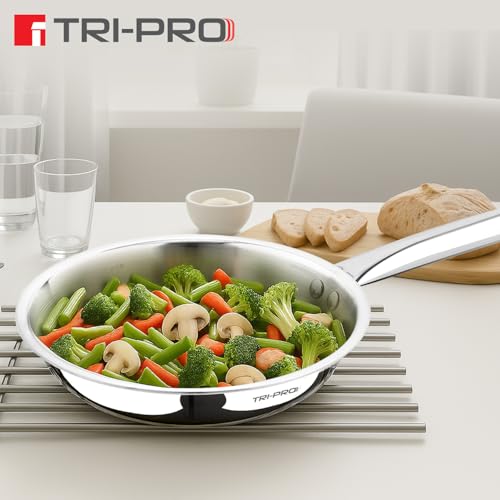 Image of BERGNER Tripro 18cm Triply Frypan with Long Stay Cool Ergonomic Handle with Excellent Grip, Consumes Less Oil, Healthy Cooking, Even Heat Distribution, Flared Rim - Induction and Gas Stove Ready