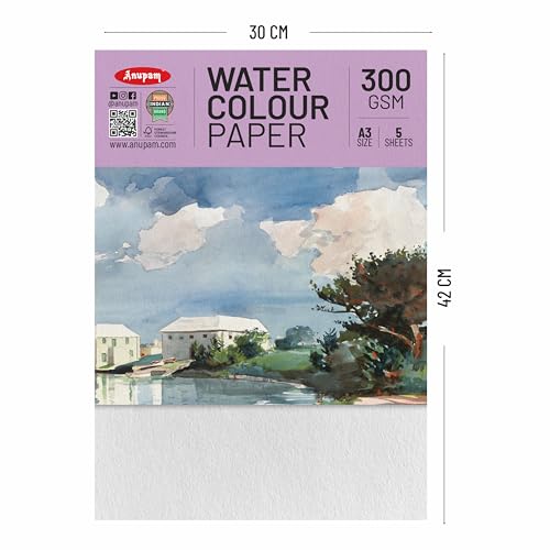 Image of Anupam Professional Watercolour Paper | A3 (42X30CM) 300 GSM Cold Pressed Paper |Acid-Free 5 Sheets| Ideal for Artist, Professional Drawing, Painting Dry & Wet, Fine Art, School, Students