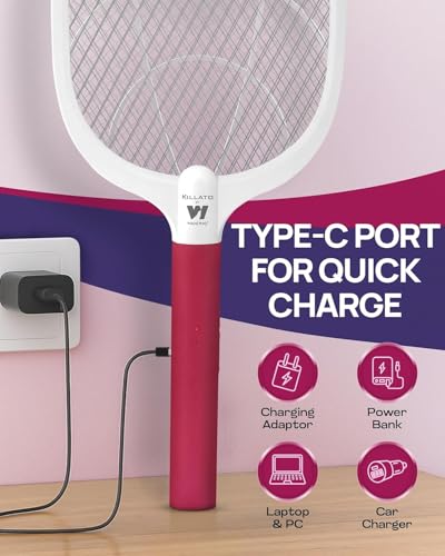 Image of Killato by Weird Wolf Heavy Duty Mosquito Racket Bat | Rechargeable Electric Fly Swatter | Mosquito Killer Racquet with Type-C Charging (Maroon)