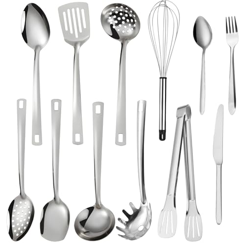 SneiDr Küchenhelfer Set 12-teilig Vielseitiges Edelstahl Kochutensilien Set Hochglanzpoliert für Kochen Rühren Servieren Und Greifen mit Kochlöffel Pfannenwender Schneebesen für Küche Und Haushalt