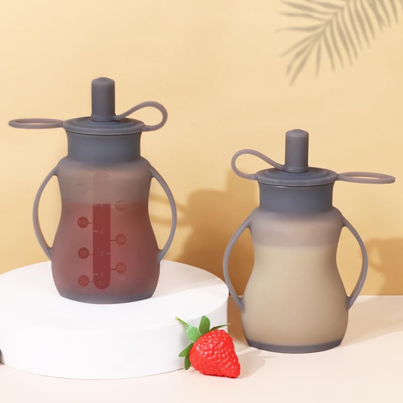 2 Pack Reusable Baby Food Pouches, Silicone, with Straw Lid and Handles