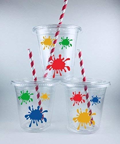 Amazon.com: Art Paint Birthday Party Cups Set of 12 With Lids Straws ...