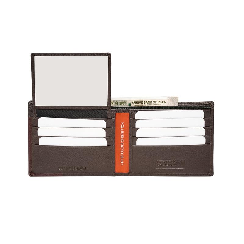 Image of United Colors of Benetton Men's Genuine Leather Passcase Wallet Gladbeck - Brown | High Capacity Bifold with 12 Card Slots, 2 Compartments & Id Window | Stylish Purse of Gents