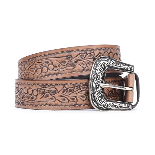 RESISTANCE Heavy-Duty Strap Genuine Full Grain Western Floral Tooled Leather Belt Strap 1-1/2"(38mm) Wide With Free Buckle3