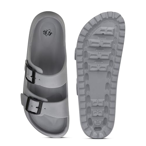 Image of Liberty A-HA COMMIT Slippers for Men - Black, Light Grey & Olive Green | Casual Slip-on Flats /Slippers Footwear - Buckle Closure | Casual Outdoor Chappal, Monsoon, Rainy Season Footwear for Man