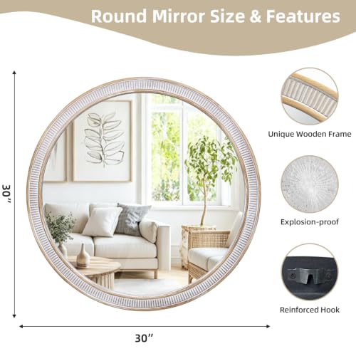 Image of 30 Inch Round Mirror, Rustic Farmhouse Circle Mirrors for Wall Decor | HD Tempered Glass, Over-sink Accent, Warm Wooden Look, Decorative Style for Living Room, Foyer, Entryway, Bathroom