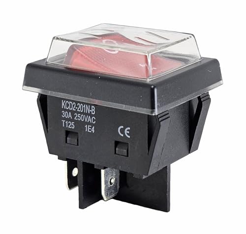 Wippschalter Rot mit Wasserdichte Abdeckung, 30A 250~4Pin Einbaumaß 30x22mm Ein-Aus-Kippschalter Wippe beleuchtet