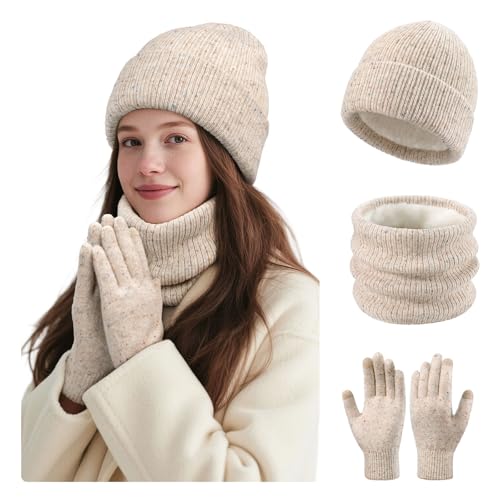 Damen Winter Set - Beanie Mütze, Loop Schal & Touchscreen Handschuhe - Fleece gefütterte 3er Set für extreme Wärme - Weiches Winteraccessoires Geschenke
