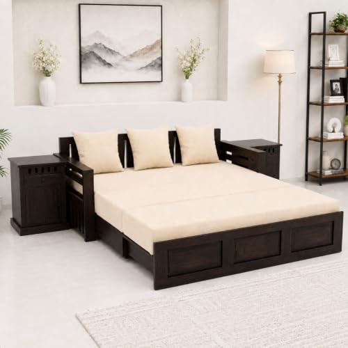 Image of SONA ART & CRAFTS Regal Sheesham Wood 3 Seater Sofa Cum Bed with Bedside | Wooden 3 Seater Sofa for Living Room Wooden Furniture Sofa Bed for Home (Walnut Finish)