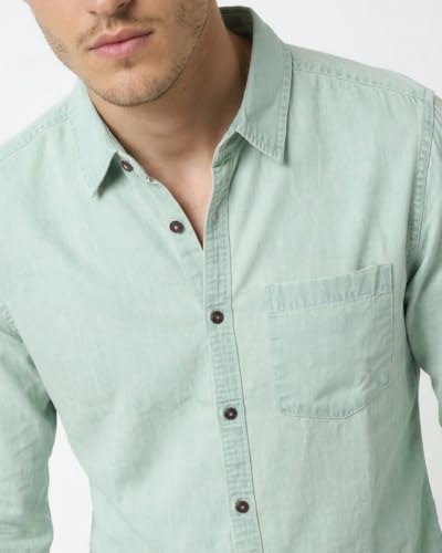 Image of Amazon Brand - INKAST Men Washed Cotton Twill Denim Casual Button Down Shirt | Full Sleeves | Regular Fit | Stylish Summer - Everyday Wear