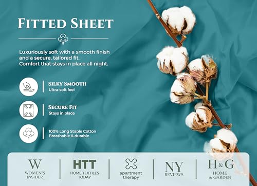 Image of Royale Linens 100% Organic Cotton Full Fitted Sheet Only - Percale Weave - Super Soft Deep Pocket Bottom Sheets - Teal Elastic Sheet - Full Size Fitted Sheets Only - (54 inchx75 inch+15 inch, Teal)