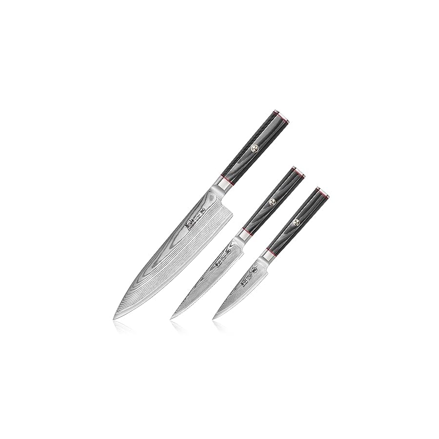 Cangshan YARI Series X-7 Damascus Steel Starter Knife Set With Ash Wood Box (3-Piece)