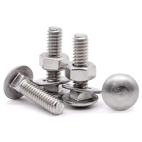 Image of (10 Sets) M6-1.0 x 12mm Stainless Steel Carriage Bolts Screws Kits, Round Head Square Neck Screws, Hex Nuts & Flat Washers, 304 Stainless Steel 18 /8, Full Thread