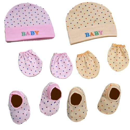 Image of BRANDONN Newborn Baby's Cotton Cap Mitten Bootie Set 0-6 Months, Pack of 2 (0-6 Months)