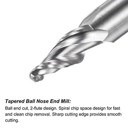 Image of uxcell Tapered Ball Nose End Mill, Uncoated Solid Carbide 2 Flute Spiral Milling Cutter, 1mm Radius, 2mm Diameter, 6mm Shank, 45mm Length, 20 Degree Angle