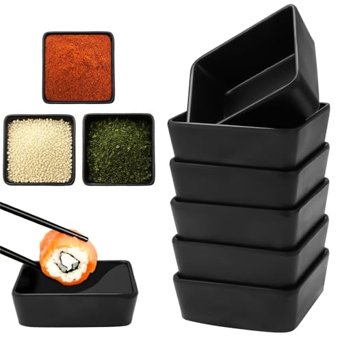Ciotole per Salsa di Soia, 6 Pezzi Quadrate Piatti in Ceramica per Salsa di Pomodoro, 8,2 x 8,2 x 3 cm Ciotole per Sushi, Mini Ciotola per Frutta, per Snack, Dessert, Salse e Condimenti(Nero)