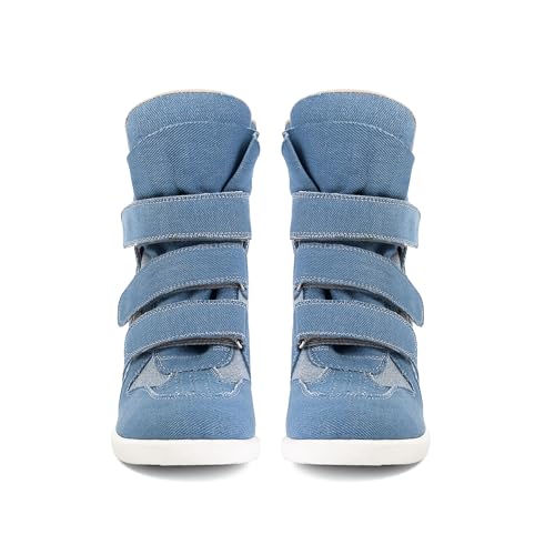 Image of Wedge Sneakers for Women Heels Suede Hook and Loop High Heel Tennis Round Toe Triple Strappy Band Casual Vintage Fashion Dressy Comfy Campus Trendy Retro Sneaker