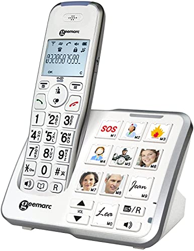 Geemarc AmpliDECT 295 Photo Large Button Telephone with 10 Direct Dial Photo Buttons and Optical Call Display on The Base Station, Integrated Answering Machine, German Version, Blanco