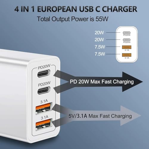 Usb C Plug Fast Charge, 55W 4-Port Multi Usb Charger Plug Uk Dual Port Pd Power Adapter +Qc Wall Plug Multiport Mains Type C Charging Plug Compatible With I Phones 16 15 14 13 Ssamsung, I-Pads, I-Pods - 2