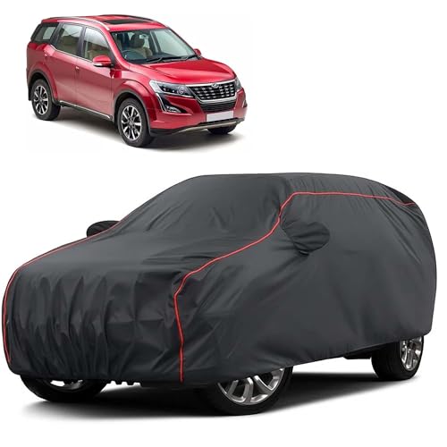 Image of Sulfar 100% Water Resistant Car Body Cover Compatible with Mirror for Mahindra XUV 500 (Triple Stitched, Full Bottom Elastic, Dark Grey Taffeta with Red Piping)