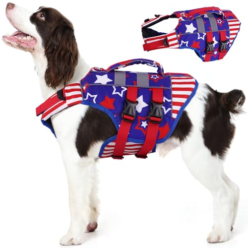 Kuoser Dog Life Jacket Large, High Flotation Dog Life Vest for Swimming Boating, Reflective Dog Swimming Vest Pet Life Preserver with Rescue Handle, Flag L L (Chest Girth:22.8-29.5'') Flag
