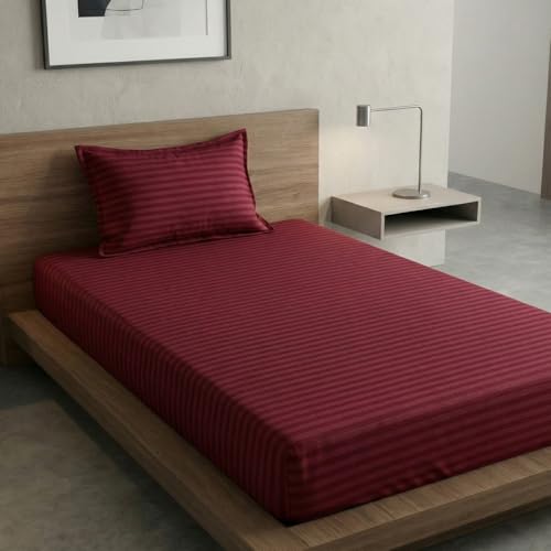 Image of Home Sizzler Microfibre Maroon Satin Stripe Elasticated Fitted Single Bedsheet (72x36 Inches) with 1 Pillow Cover