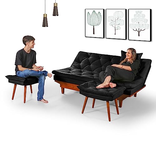Sofa Cama Reclinavel Caribe Com Duas Banquetas Rubi Suede Preto