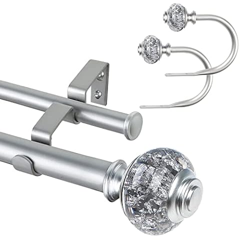 USFOOK Silver Double Curtain Rods 36 to 72 Inches and 2 Pack Silver Curtain Holdbacks, Window Drapery Tiebacks, Curtain Tie Silver Hooks for Wall with Translucent Finials(bundles) Cover