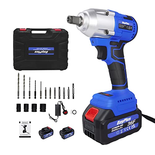 DICN Cordless Impact Wrench 1/2 inch, Brushless Impact Gun 420N.m High Torque, 3200rpm Variable Speed, with 2 x Batteries 6000mAh Li-Ion, Socket Set & Carry Box