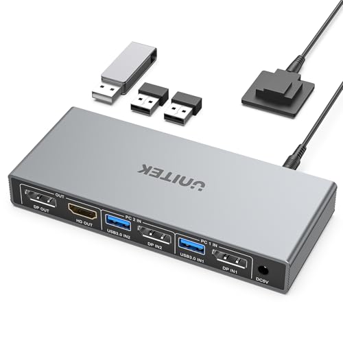 Unitek KVM Switch 2 Monitors 2 Computers DisplayPort Dual Monitor DisplayPort KVM Switch 4K 60Hz with 4 USB 3.0 Ports for Keyboard Mouse Hard Drives Printer Home Office Gaming Grey