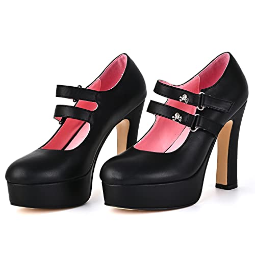 Women's Gothic Platform Double Ankle Strap Mary Jane Block High Heel Pumps Hook and Loop Skull Decoration Shoes3