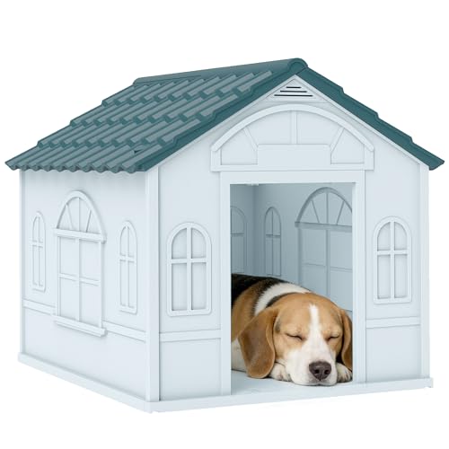 PawHut Casetta Cani di Taglia Media e Piccola con Tetto Inclinato e Porta di Ingresso, Cuccia per Cani in PP Impermeabile, 65x75.7x63 cm, Blu