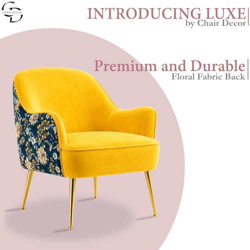 Image of Accent Chair with Ottoman | Modern Velvet Lounge Chair with Floral Designer Back | Upholstered Armchair for Living Room, Bedroom & Cafe | Golden Legs (Yellow Floral)