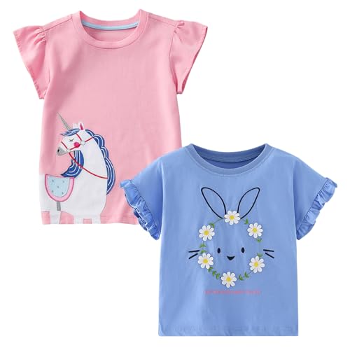 Codkkre Camisetas de Manga Corta para Niñas T-Shirts Algodón de Unicornio Ropa de Verano para Niña, Unicornio Rosa/Conejito Azul, 6 años