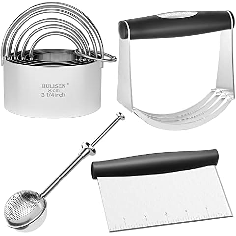 HULISEN Stainless Steel Biscuit Cutter Set, Flour Duster, Pastry Scraper and Dough Blender, Sturdy & Long-Lasting with Ergonomic Rubber Grip, Professional Baking Dough Tools, Gift Package (4 Pcs/Set) Cover